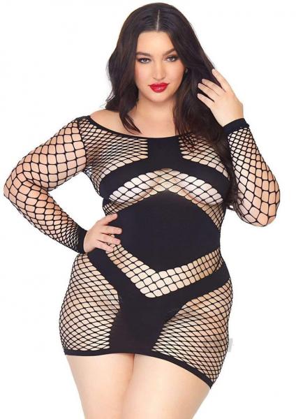 Diamond Net Long Sleeve Mini Dress Opaque Panels Plus Size Black