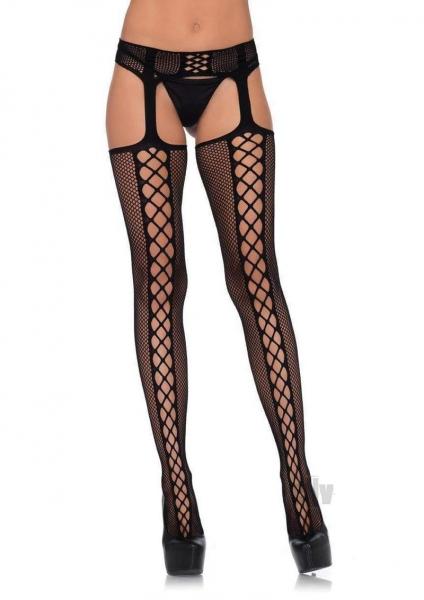 Faux Lace Up Dual Net Backseam With Attached Garter Belt O/s Black