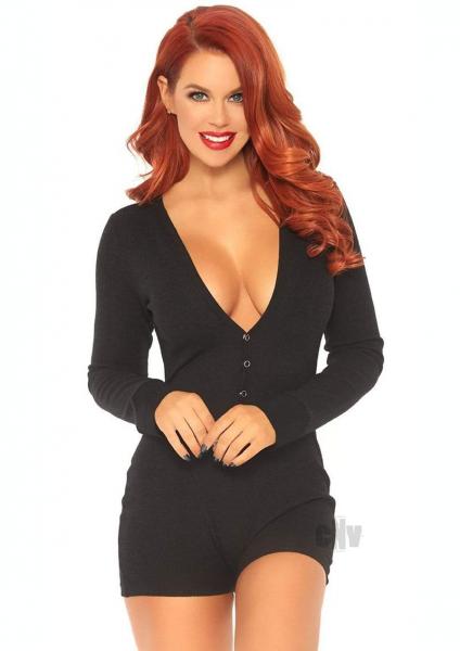 Brushed Rib Romper Long Johns With Cheeky Snap Closure Back Flap. Black X-large