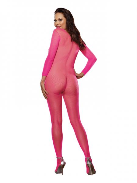 Dreamgirl Long-sleeved Fishnet Bodystocking With Open Crotch Neon Pink Queen