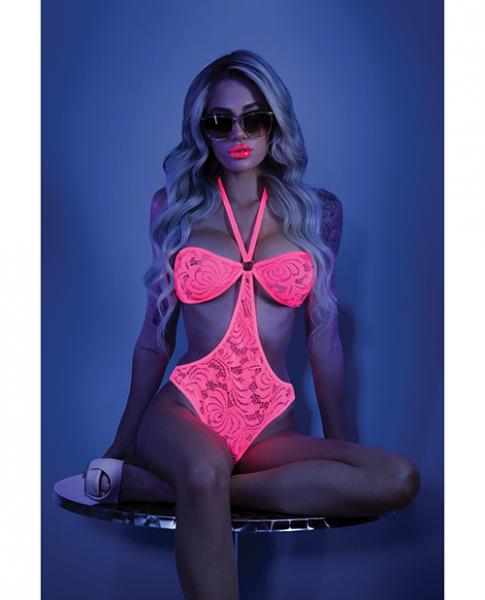 Glow Impress Me Lace Bodysuit With Open-cage Back Neon Pink L/xl