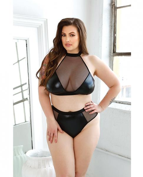 Curve Rebel Chain Back Wetlook Bra Top & Matching Thong Panty 1x/2x Black