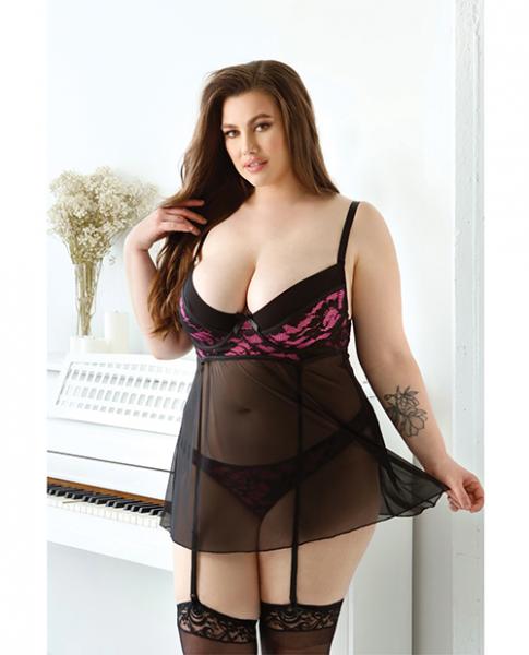 Curve Madison Gartered Lace And Mesh Babydoll With Underwire Cups & Matching Panty 3x/4x Black/pink