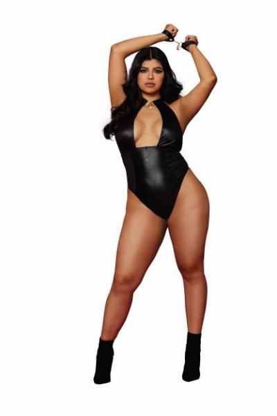 Faux Leather Halter Teddy W/ Padlock Detail Black Q/s