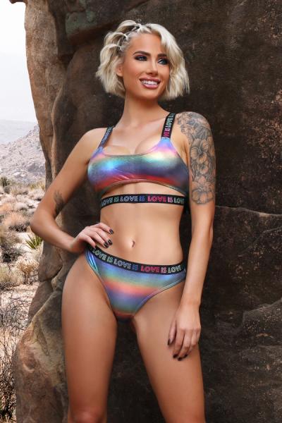 Fantasy Lingerie Vibes Love Is Love Underboob Cut Out Top & Cheeky Panty Rainbow Holo L/xl