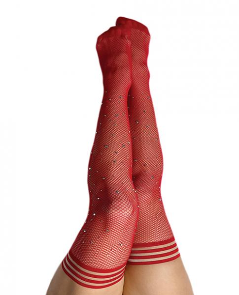 Kixies Red Fishnet Rhinestone Thigh High Size D