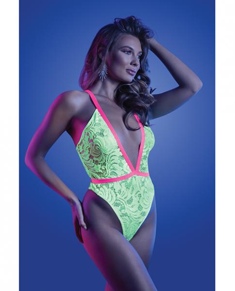 Fantasy Lingerie Glow Spotlight Contrast Elastic Lace Teddy With Snap Closure Neon Green M/l