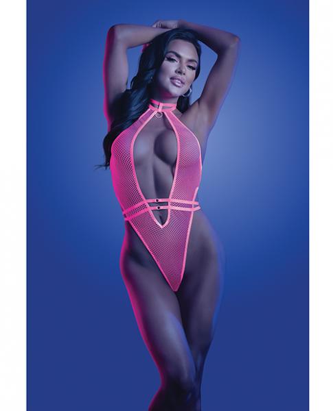 Glow Knockout Fishnet Teddy W/detachable Thong - Neon Pink L/xl