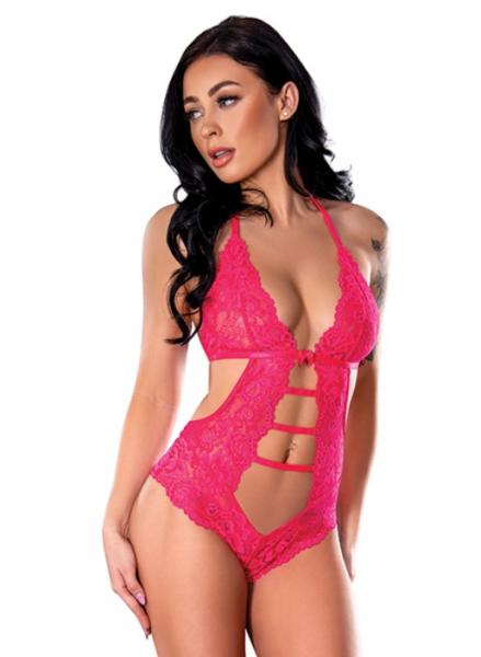 Get It Girl Lace Halter Teddy W/snap Crotch - Pink L/xl