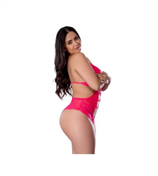 Get It Girl Lace Halter Teddy W/snap Crotch - Pink Qn