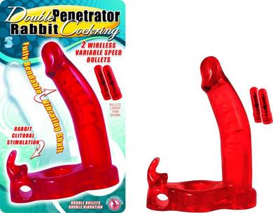 Double Penetrator Rabbit Cock Ring -Red
