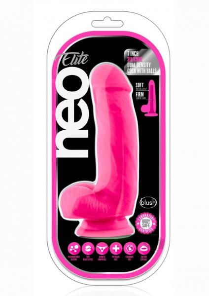 Neo Elite - 7 Inch Silicone Dual Density Cock With Balls - Neon Pink