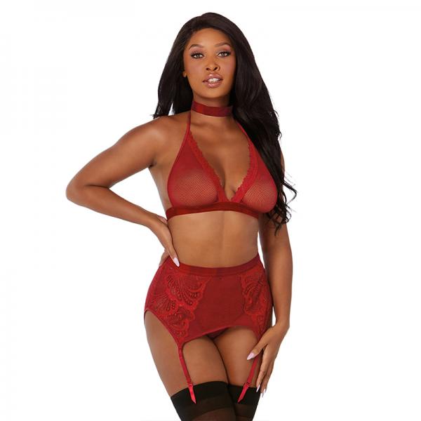 Fishnet & Lace Bralette, Garterbelt, G-string & Choker Garnet