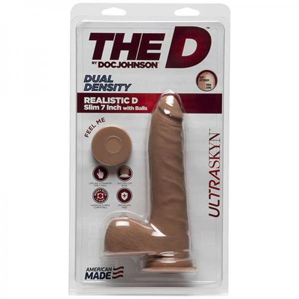 The D Realistic D 7 inches Slim Dildo with Balls Brown