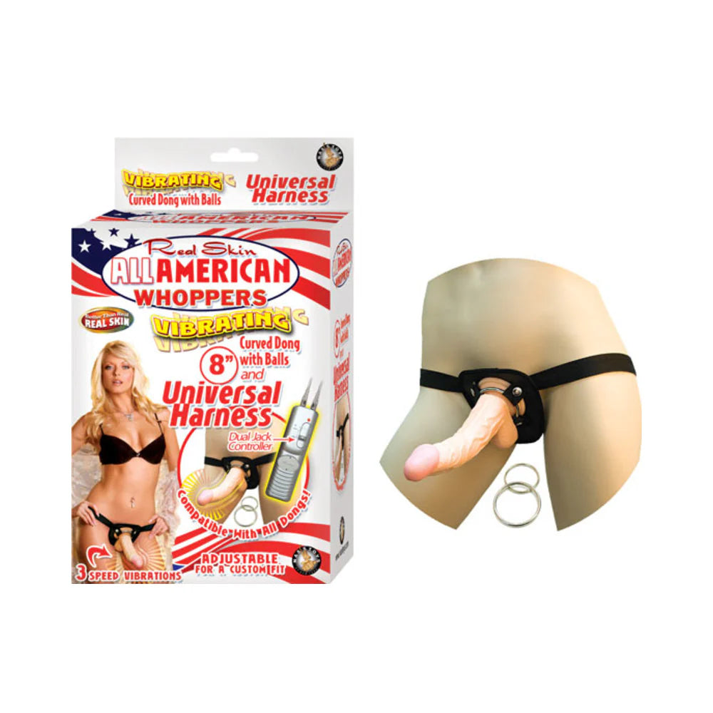 All American Whoppers 8 inches Vibrating Dong & Universal Harness Beige