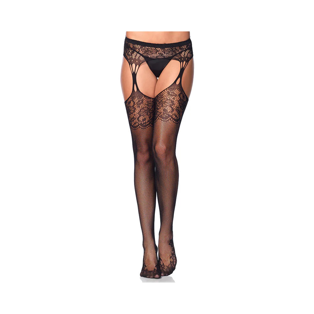 Lace Top Fishnet Stocking Cuban Heel & Tear Drop Garterbelt O/S Black