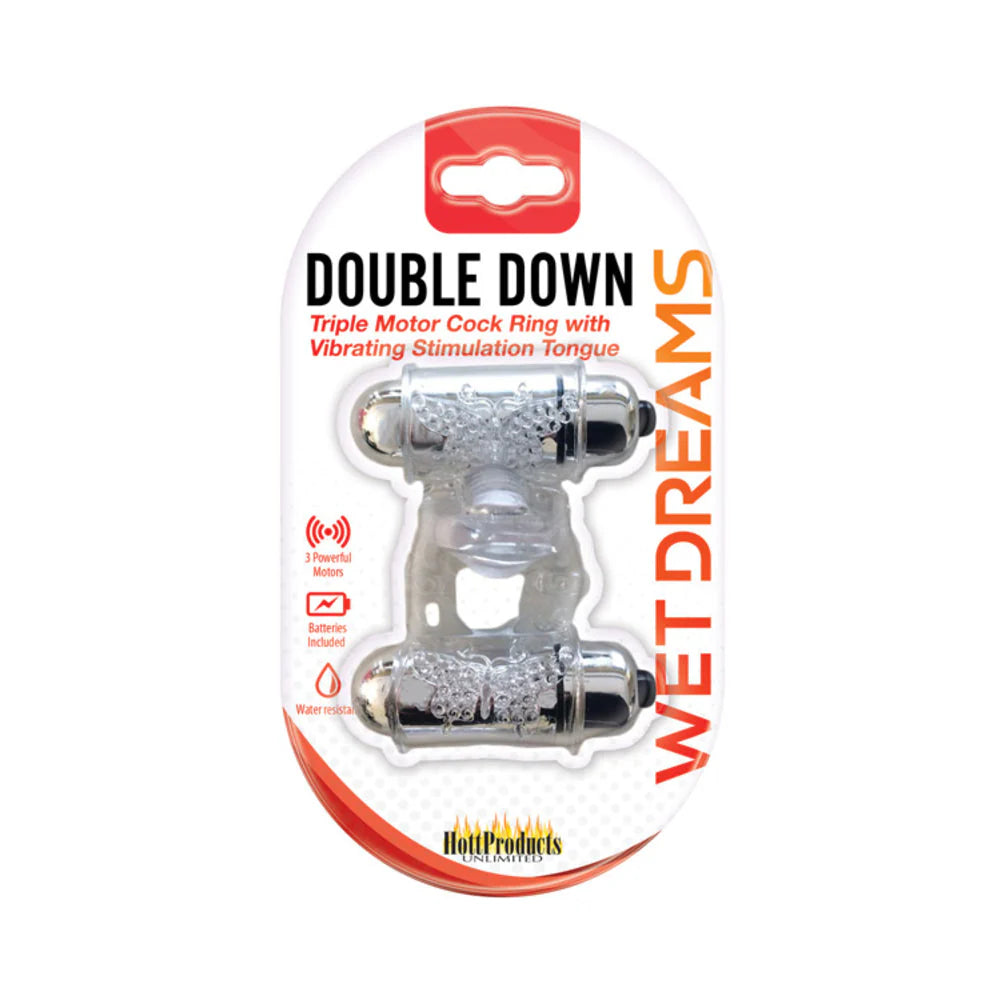 Wet Dreams Double Down Dual Motor Cock Ring With Power Bullet And Stimulator Tongue With Motor