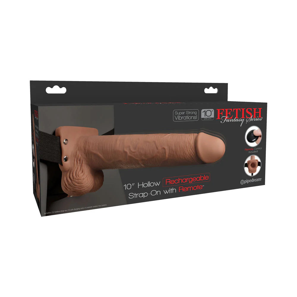 Fetish Fantasy 10in Hollow Rechargeable Strap-on With Remote, Tan