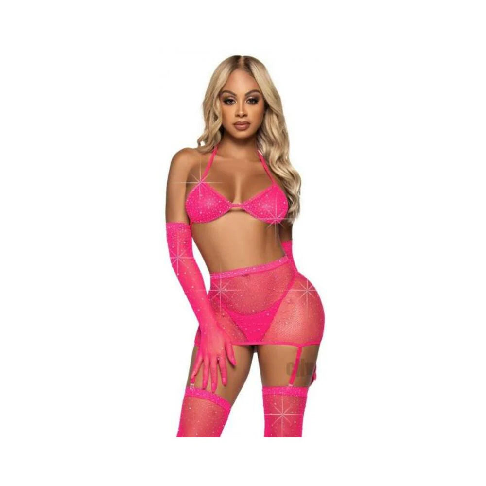 Rhinestone Garter/bikini 5pc Os Pink