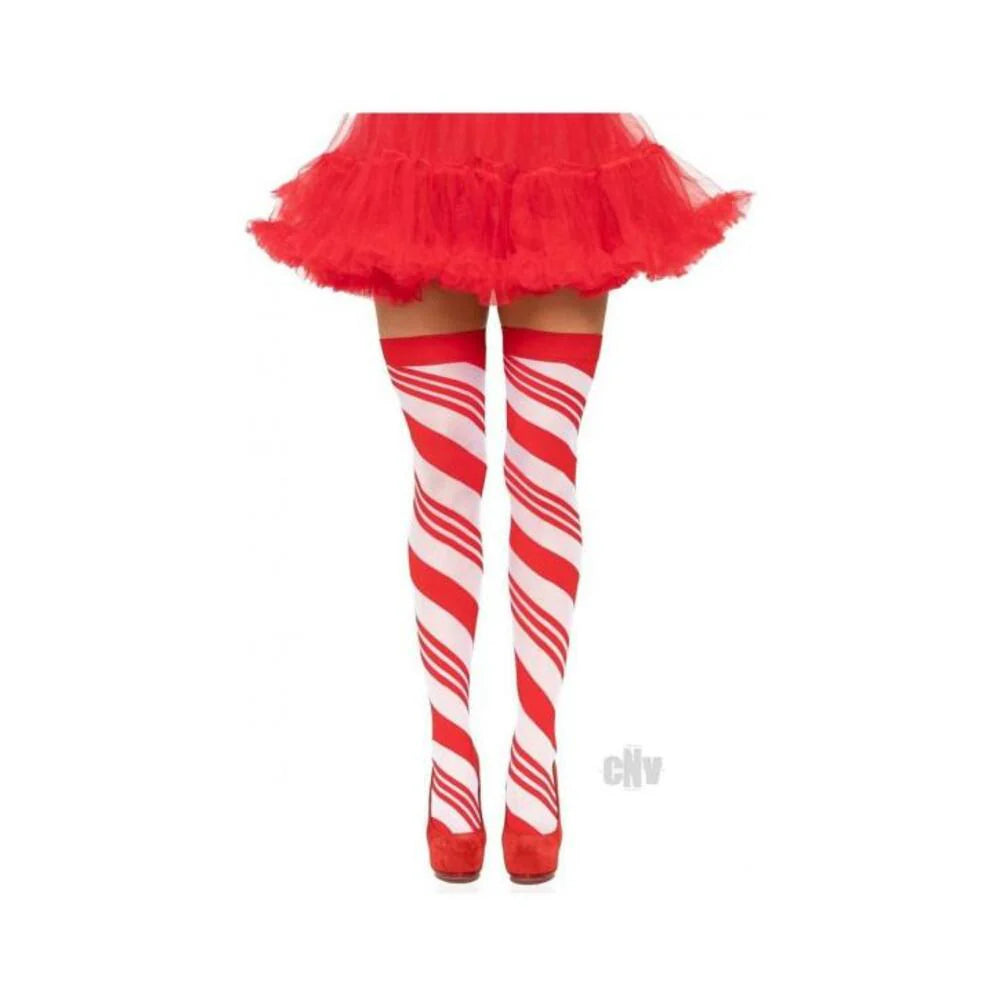 Spandex Candy Cane Thigh High Os Red/wht