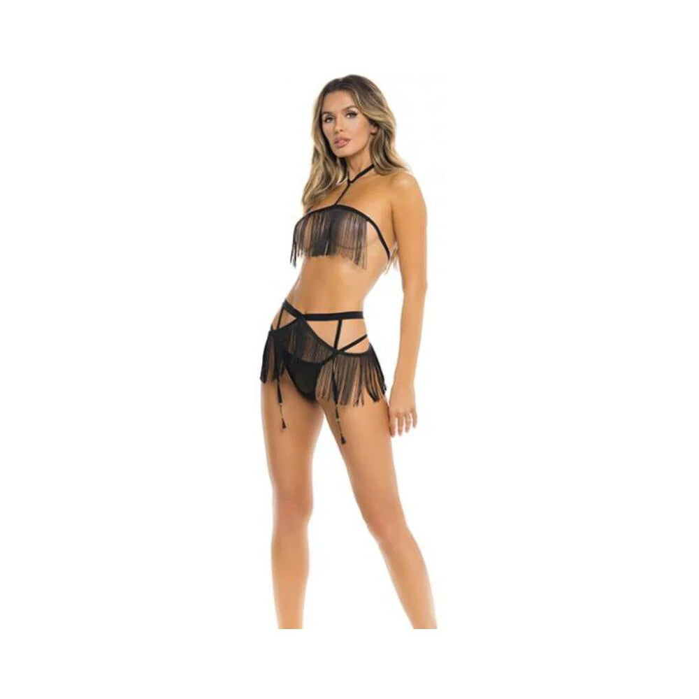 Rene Rofe Rassel Tassle Bra, Skirt & G-string Black S/m
