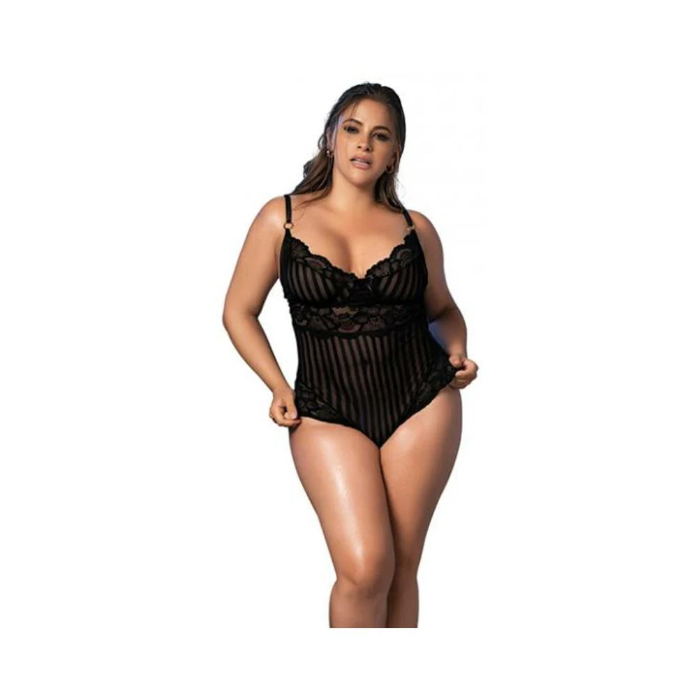 Shadow Stripe & Lace Teddy W/hook & Eye Closure Black 2x/3x
