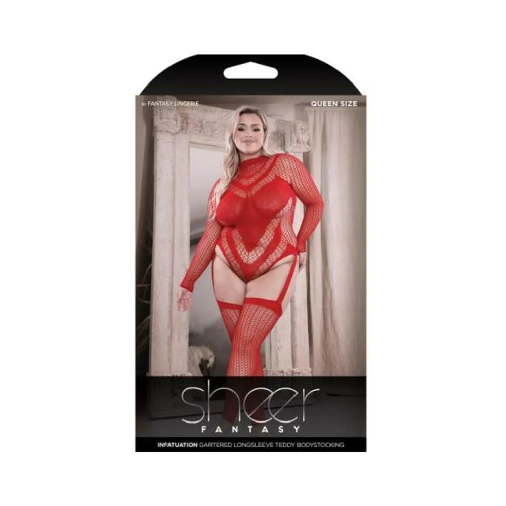 Fantasy Lingerie Sheer Infatuation Open Back Longsleeve Teddy Bodystocking Red Queen Size