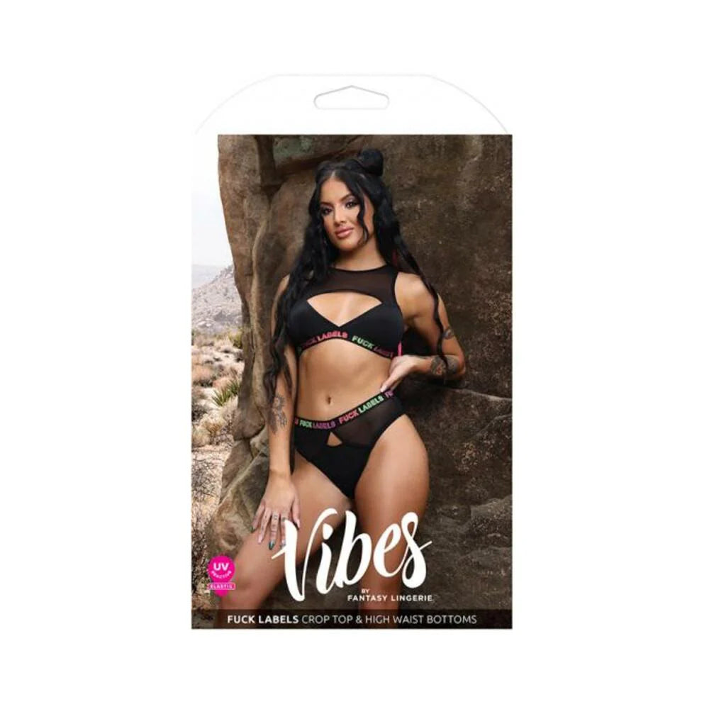 Fantasy Lingerie Vibes Fuck Labels Keyhole Top & High Waist Bottoms With Uv Reactive Elastic Black M