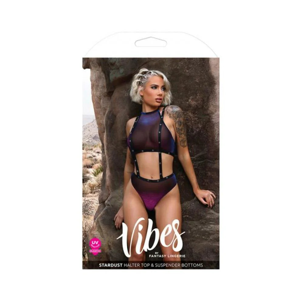 Fantasy Lingerie Vibes Stardust Iridescent Halter Top & Suspender Bottoms With Uv Reactive Star Prin
