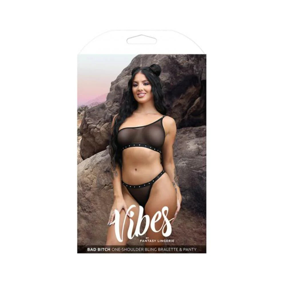 Fantasy Lingerie Vibes Bad Bitch One-shoulder Bling Bralette & Bikini Panty Black S/m