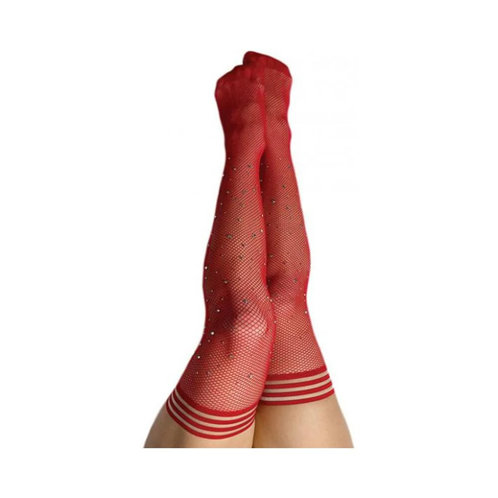 Kixies Red Fishnet Rhinestone Thigh High Size C