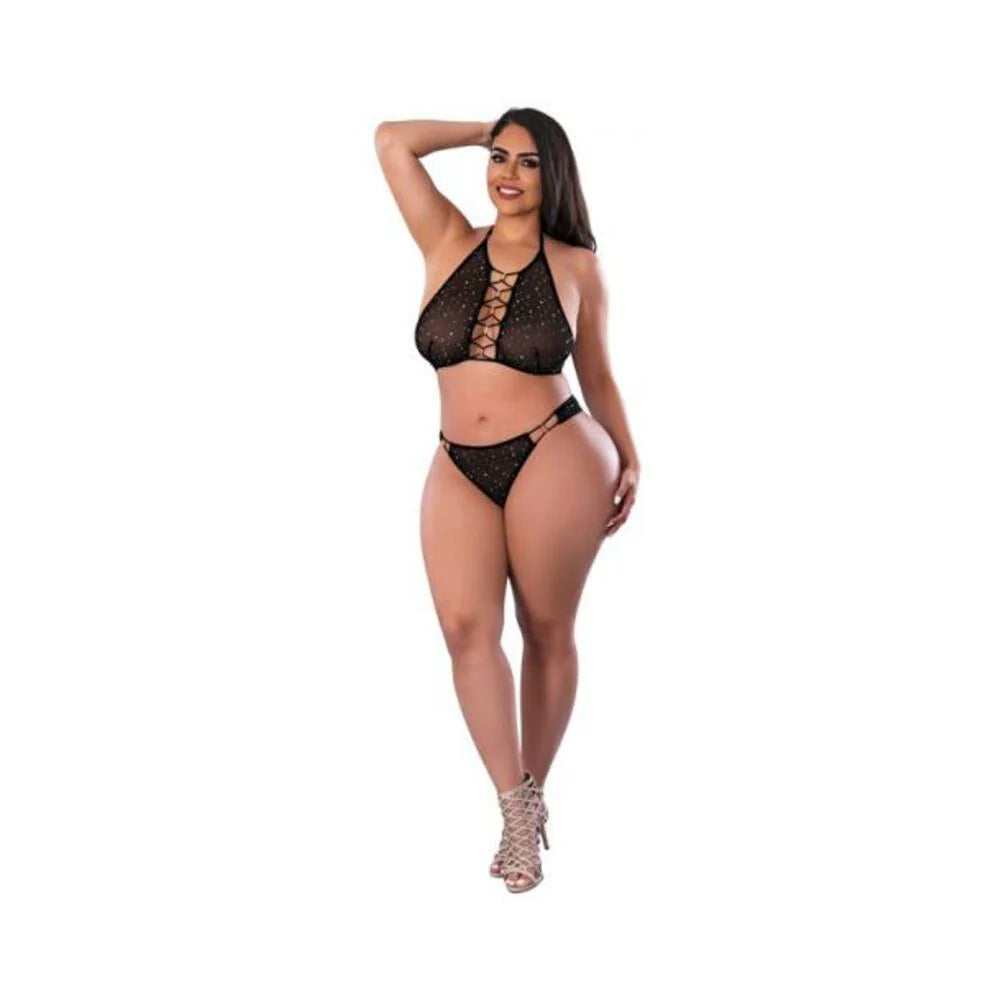Magic Silk Glitz & Glam Halter Bralette And Panty Set Black Queen Size
