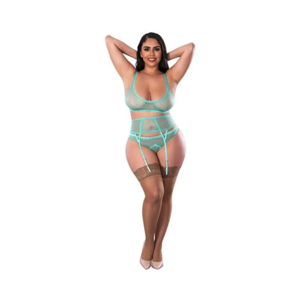 Magic Silk Soft Petals Bralette, Waist Cincher And Panty Set Aqua Queen Size