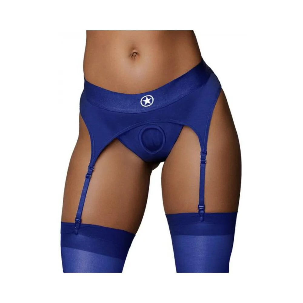 Ouch! Vibrating Strap-on Thong With Adjustable Garters Royal Blue M/l