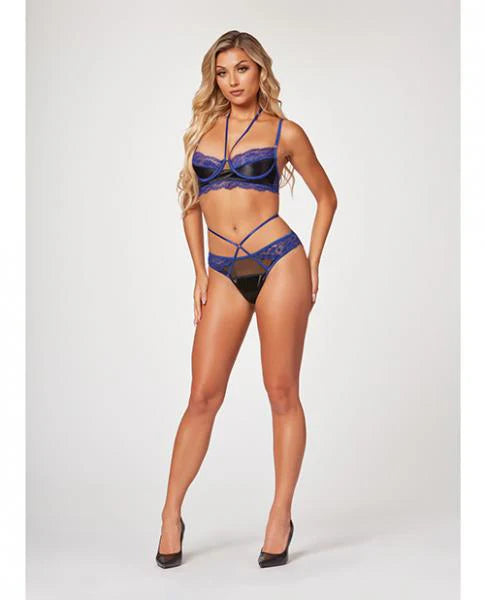 Stretch Satin & Eyelash Lace Demi Cup Bra & Panty Black/blue Sm