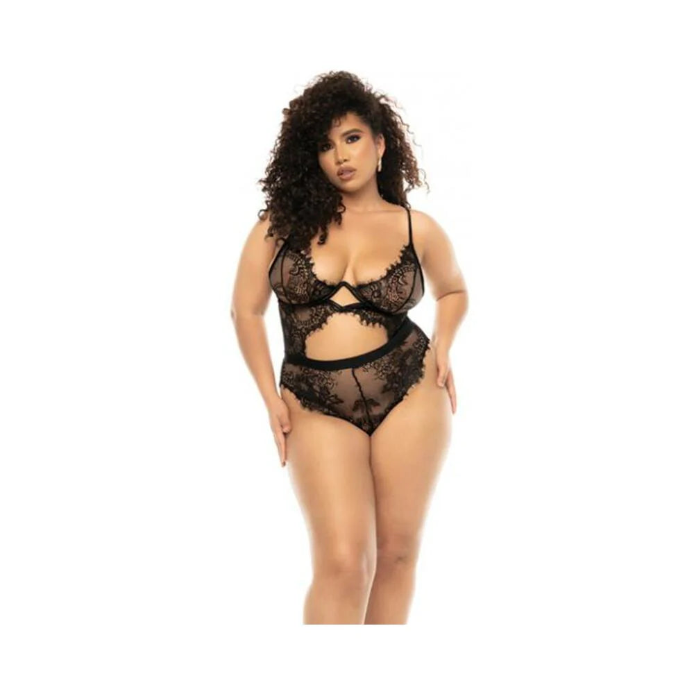 Floral Lace & Mesh Underwire Teddy W/keyhole Details Black 1x/2x
