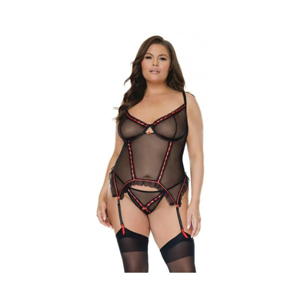Mesh Underwire Garterbelt Bustier W/g-string Black 3x/4x