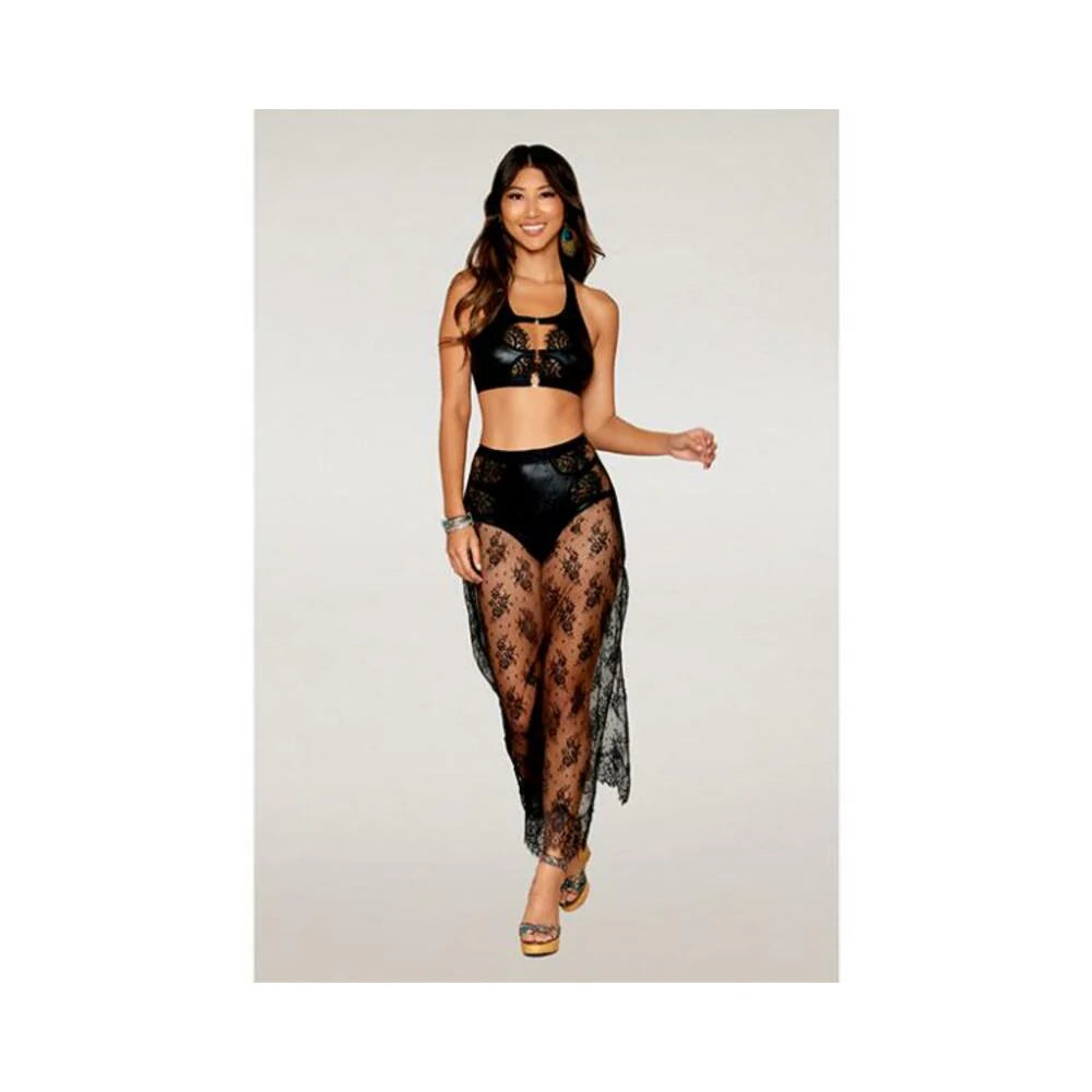 Stretch Faux Leather And Eyelash Lace Bralette W/high-waisted Panty - Black Xl