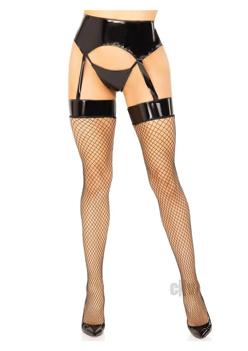 2 Pc. Vinyl Garter Belt Fishnet Stockings and G-String - Black - Small/ Medium