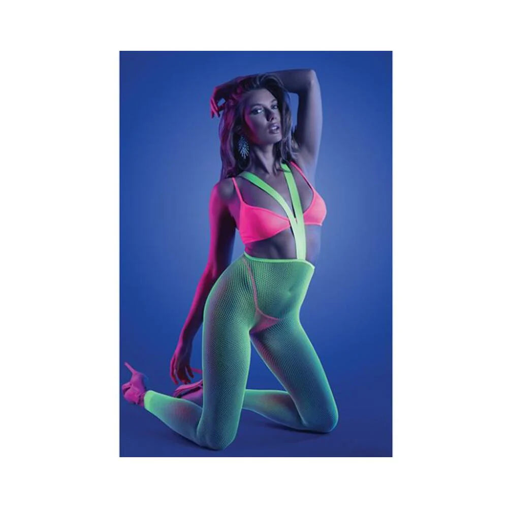 Fantasy Lingerie Glow Come Alive 3-piece Bralette, G-string & Suspender Stockings Set Neon Green O/s