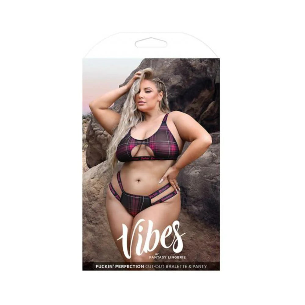 Fantasy Lingerie Vibes Fuckin' Perfection Plaid Mesh Cut Out Bralette & Panty Black Queen Size