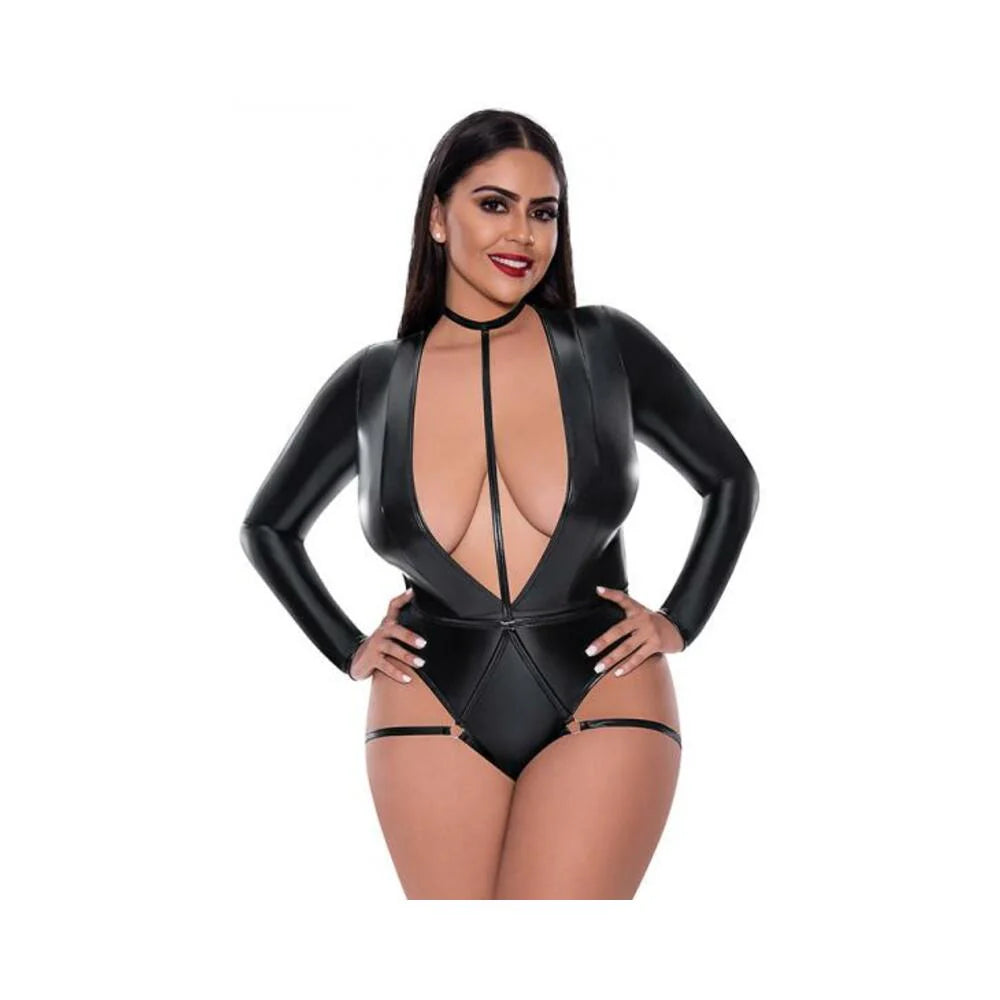 Magic Silk Liquid Onyx Long Sleeve Teddy With Harness Caging Black Queen