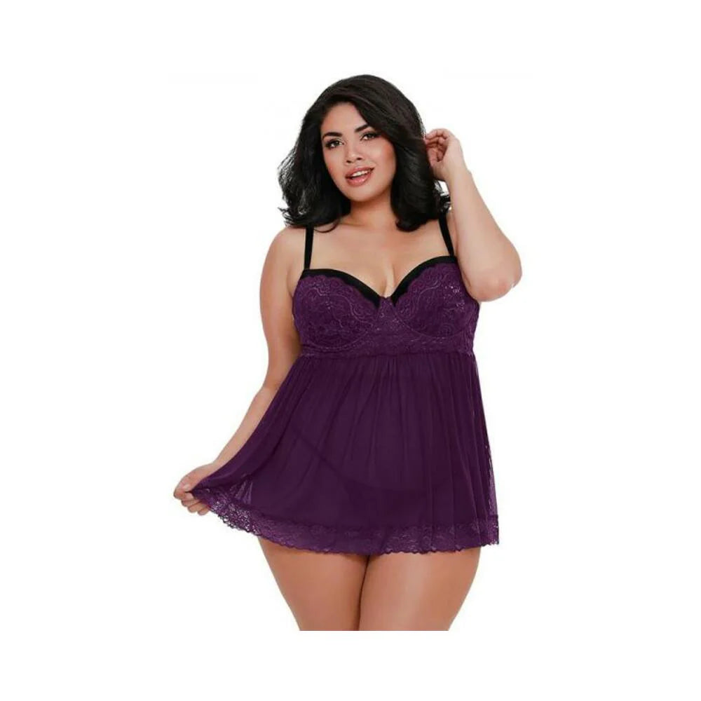 Dreamgirl Plus-size Stretch Mesh And Lace Babydoll With Underwire Push-up Cups, G-string, And Lace O