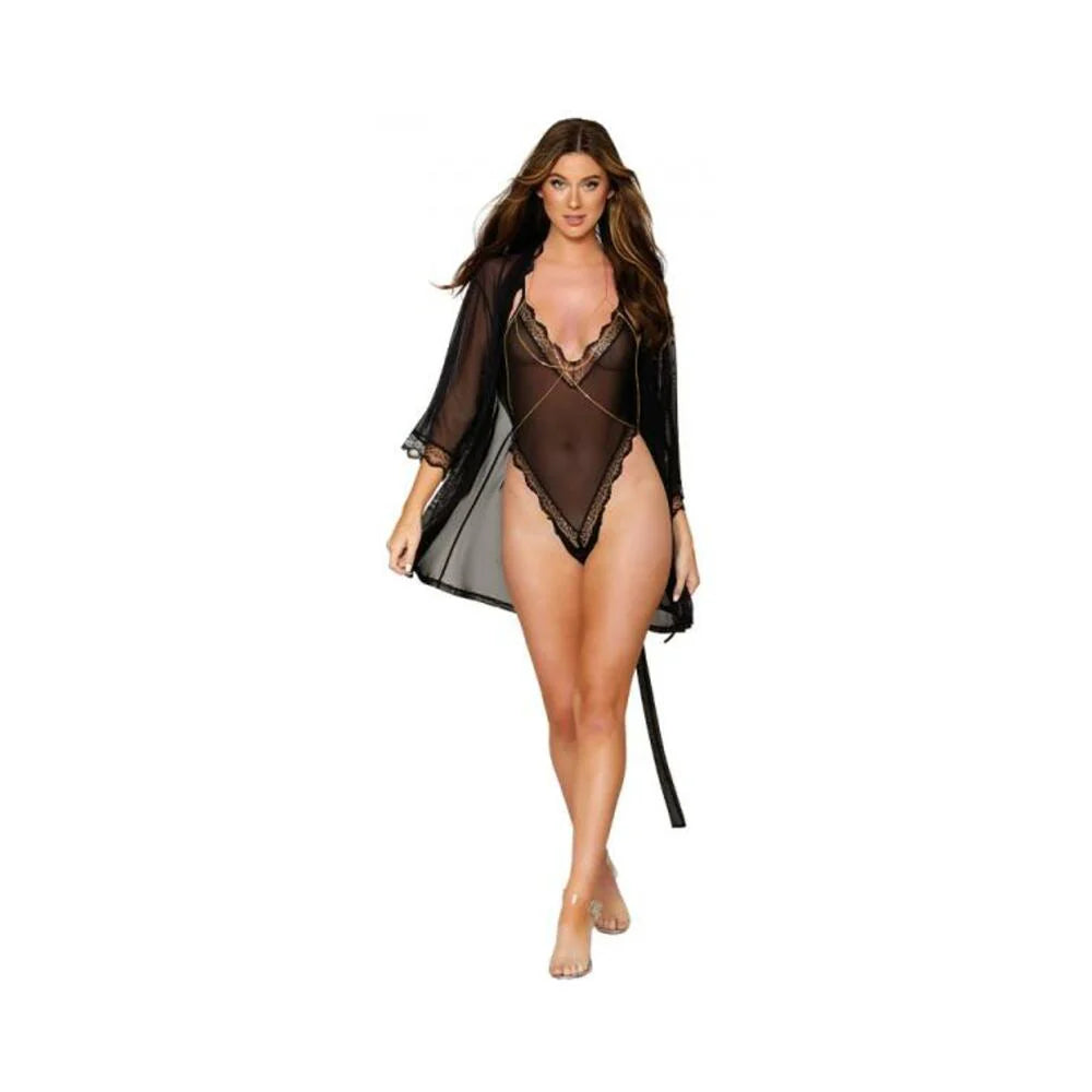 Dreamgirl Mesh Robe & Strappy Back Teddy With Lace Trim Black Xl Hanging