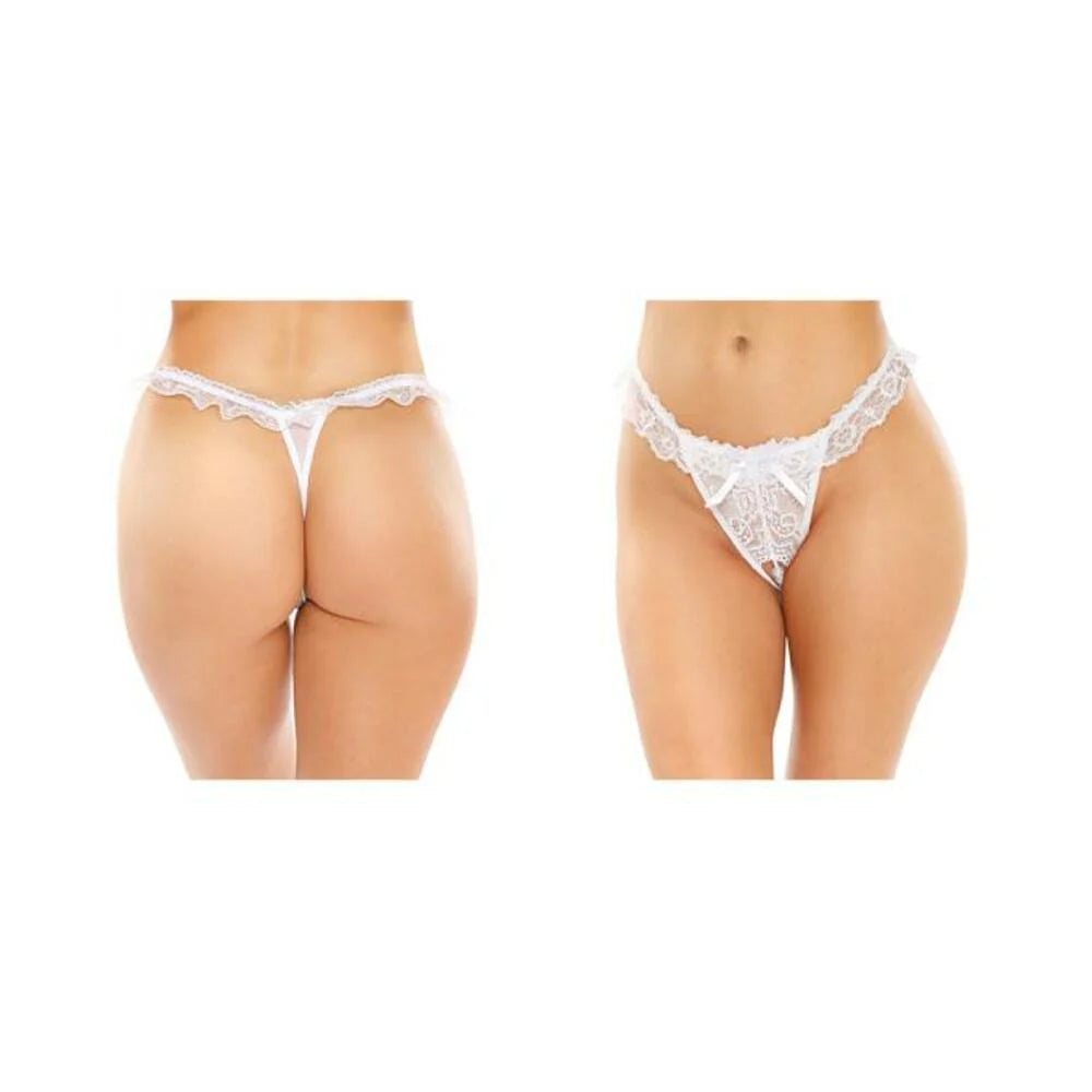 Flora Ruffled Lace Crotchless Pearl Thong White L/xl