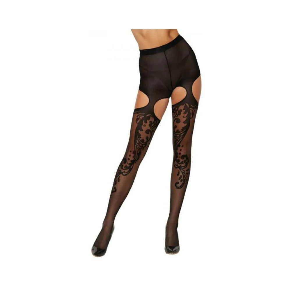 Dreamgirl Ornate Pattern Garter Pantyhose Black O/s