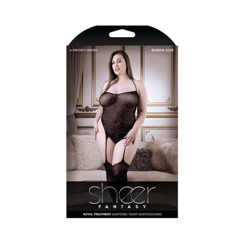 Sheer Royal Treatment Gartered Rhinestone Detail Teddy Bodystocking Black Queen