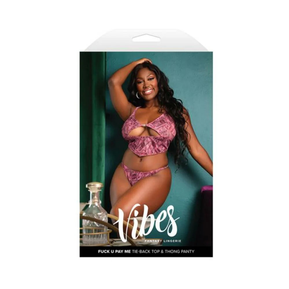 Fantasy Lingerie Vibes Fuck U Pay Me Money-print Sparkle Mesh Top & Thong Queen Size