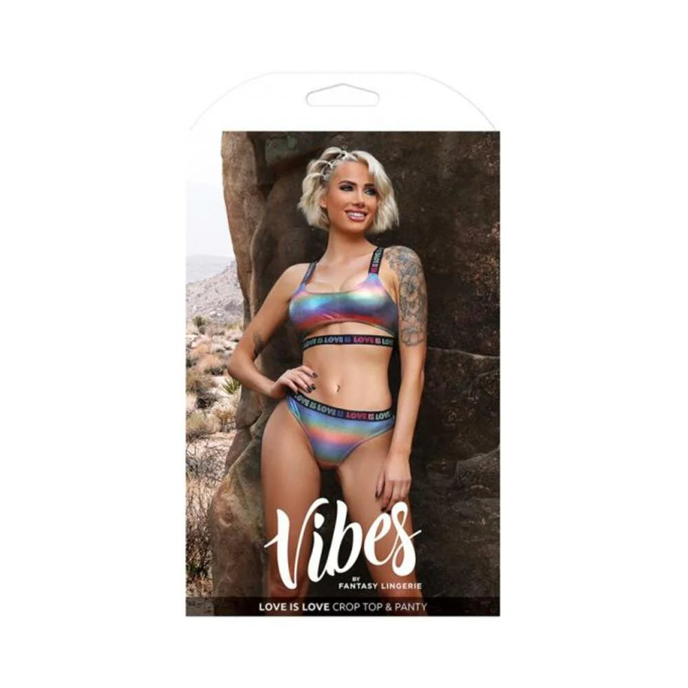 Fantasy Lingerie Vibes Love Is Love Underboob Cut Out Top & Cheeky Panty Rainbow Holo M/l