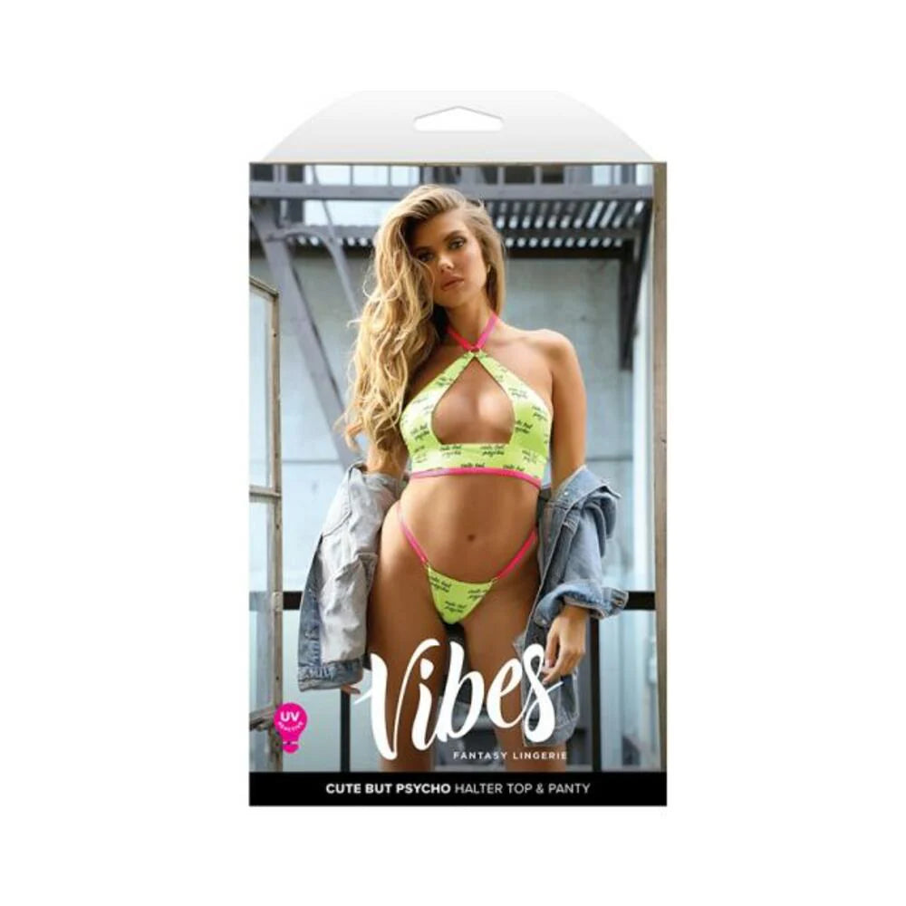 Fantasy Lingerie Vibes Cute But Psycho Uv Reactive Keyhole Halter & Panty L/xl